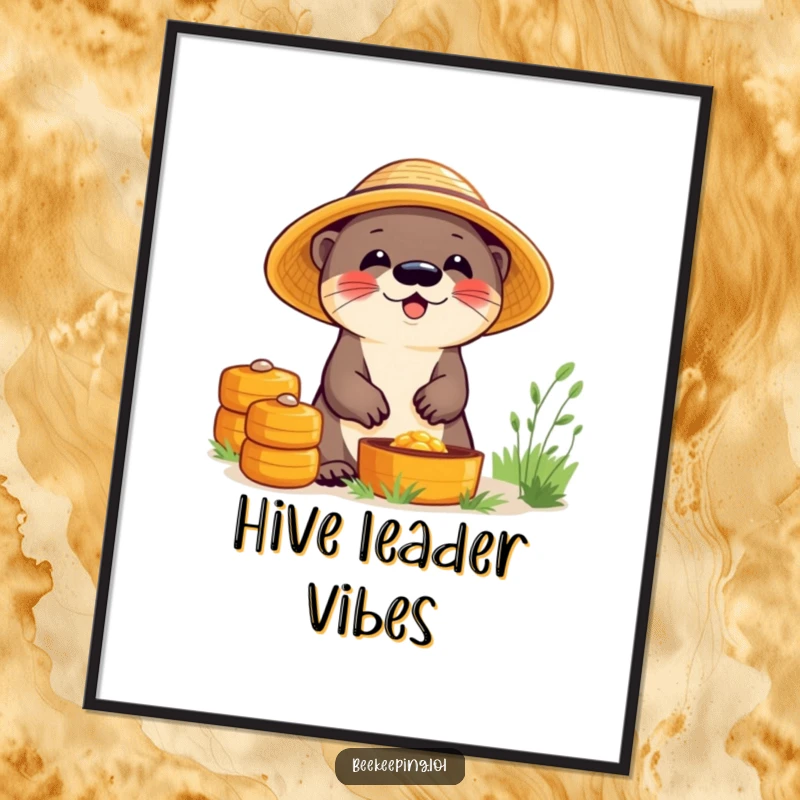 Funny digital art print of a giggling otter in a straw hat, tending beehives, creating a whimsical and humorous atmosphere.