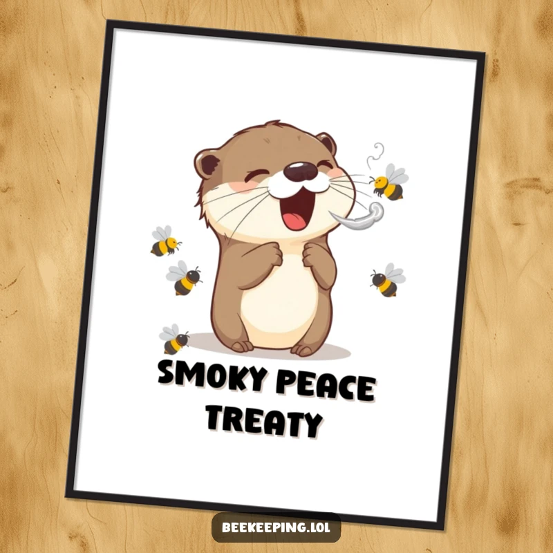 Funny digital art print: an excited otter expels smoke to calm bees, a humorous and charming illustration for instant download.