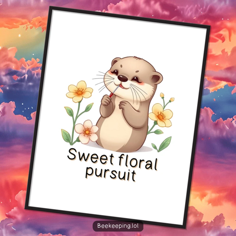 Funny Otter Digital Art Print of a graceful otter using a tiny tool to collect nectar from a flower, a humorous and detailed piece.