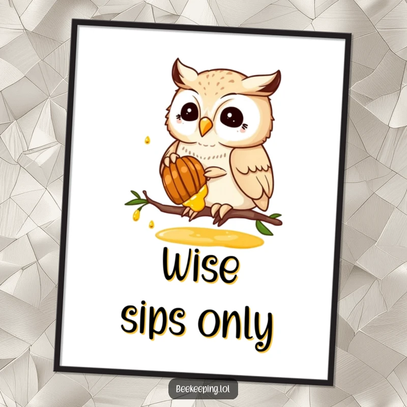 Funny digital art print of a proud owl collecting honey from a honeycomb, capturing a moment of sweet, gentle nature.