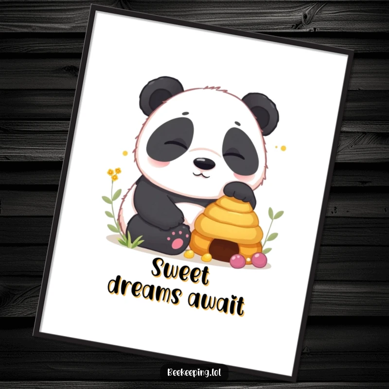 Funny Panda Digital Art Print of a contented, sleepy panda cub sitting peacefully near a beehive, a humorous and tranquil piece.