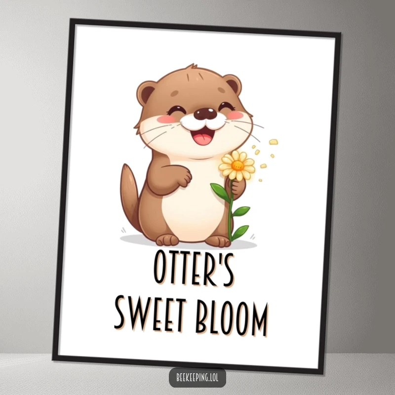 Funny playful otter sprinkling a flower, bringing instant happiness and humor as a downloadable art print.