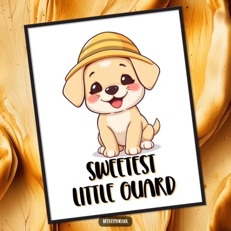 Funny Puppy Beekeeper Digital Art Print, instant download, a giggling puppy wearing a tiny beekeeper hat, whimsical pet art.