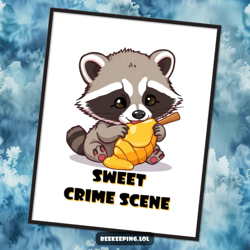 Funny Raccoon Digital Art Print of a mischievous raccoon caught in the act of trying to steal honey, a humorous and charming piece.