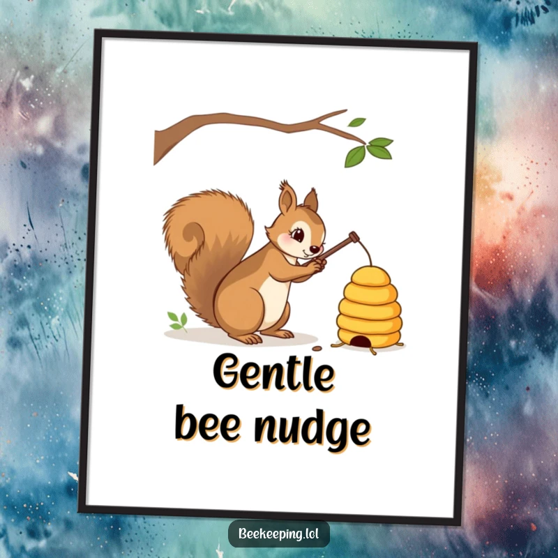 Funny squirrel with a stick gently tapping a beehive digital art print, whimsical and detailed, instant download gift.