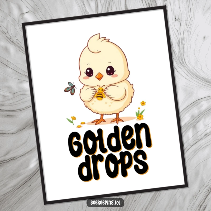 Funny chick digital art print of a fluffy chick helping collect nectar, offering cute humorous decor.