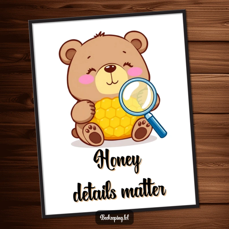 Funny bear with magnifying glass inspecting honeycomb digital art print, whimsical and detailed, instant download gift.