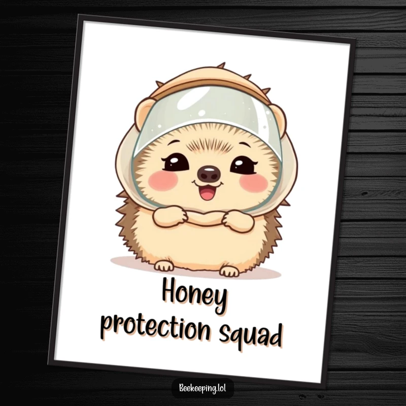 Funny hedgehog wearing a miniature beekeeper veil, giggling, rendered as downloadable digital art, offering instant whimsical decor.