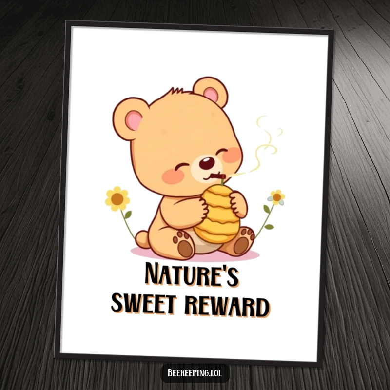 Funny Bear Cub Digital Art: Printable art of a cheerful bear cub gently smoking a small beehive, offering instant quirky charm.