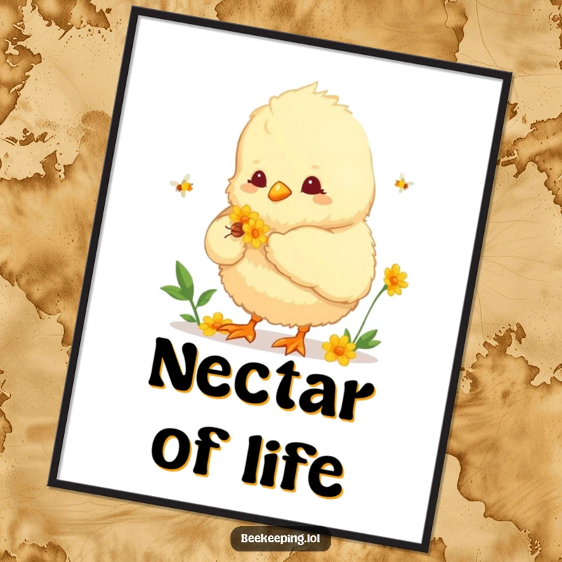 Funny digital art print of a fluffy chick diligently collecting nectar from a flower. High-quality humorous artwork for instant download.