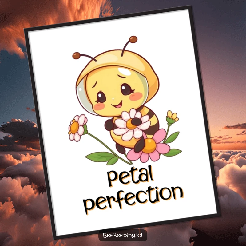 Funny bee wearing a miniature beekeeper veil, examining a flower, a high-quality downloadable and humorous art print.