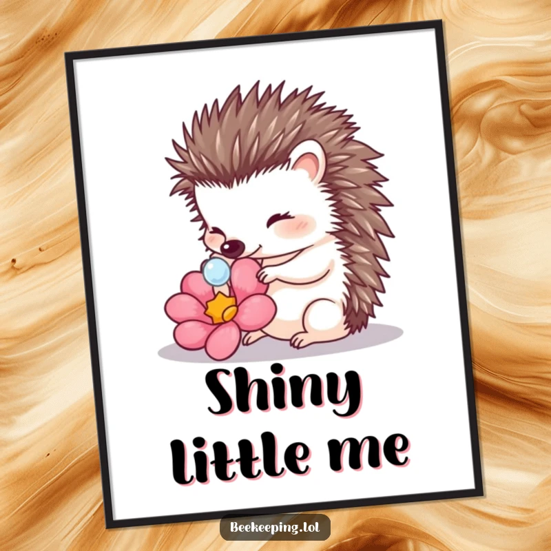 Funny Hedgehog Touching Dewdrop Digital Art: A hedgehog touches a dewdrop on a flower, a charming downloadable piece.