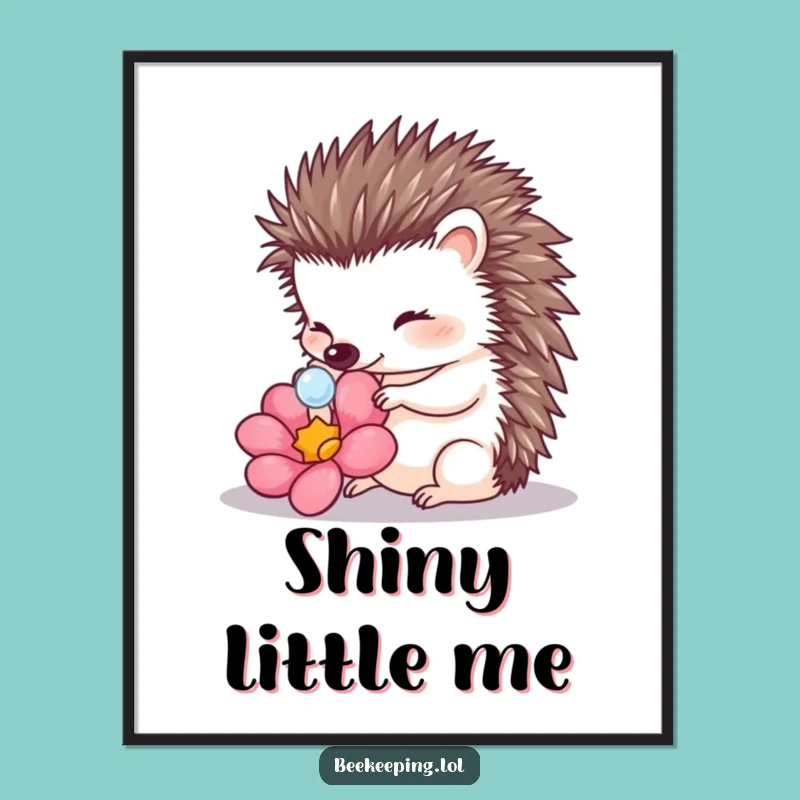 Funny Hedgehog Touching Dewdrop Digital Art: Charming Nature Print