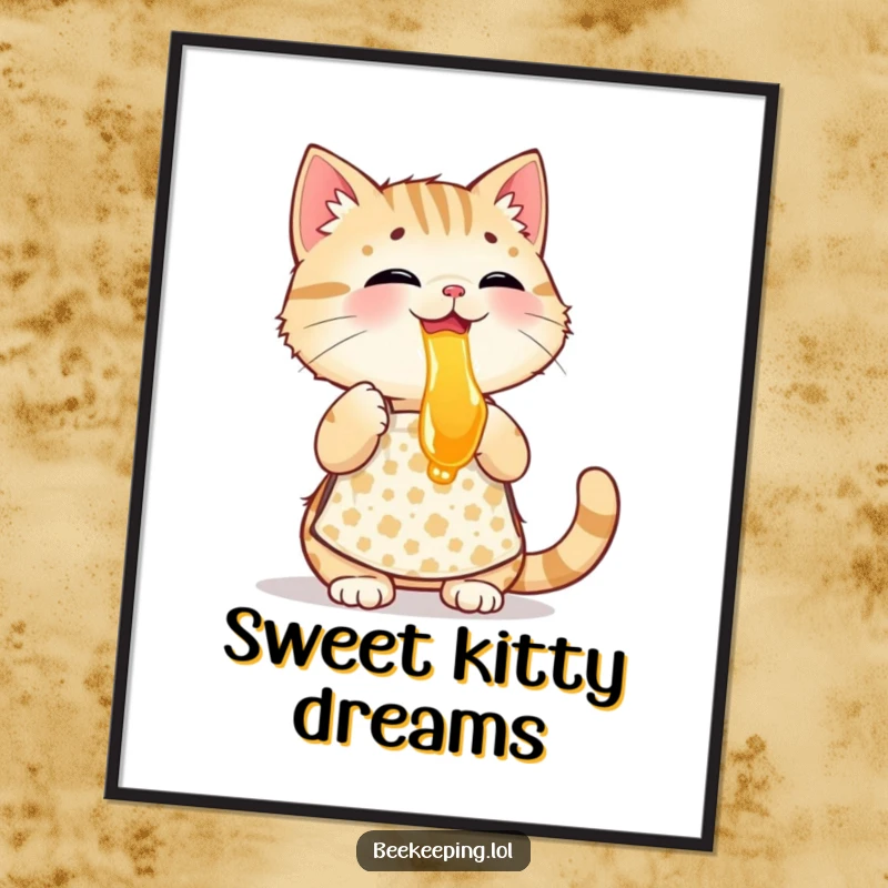 Funny playful cat wearing a patterned apron, tasting honey, a high-quality downloadable and humorous art print.