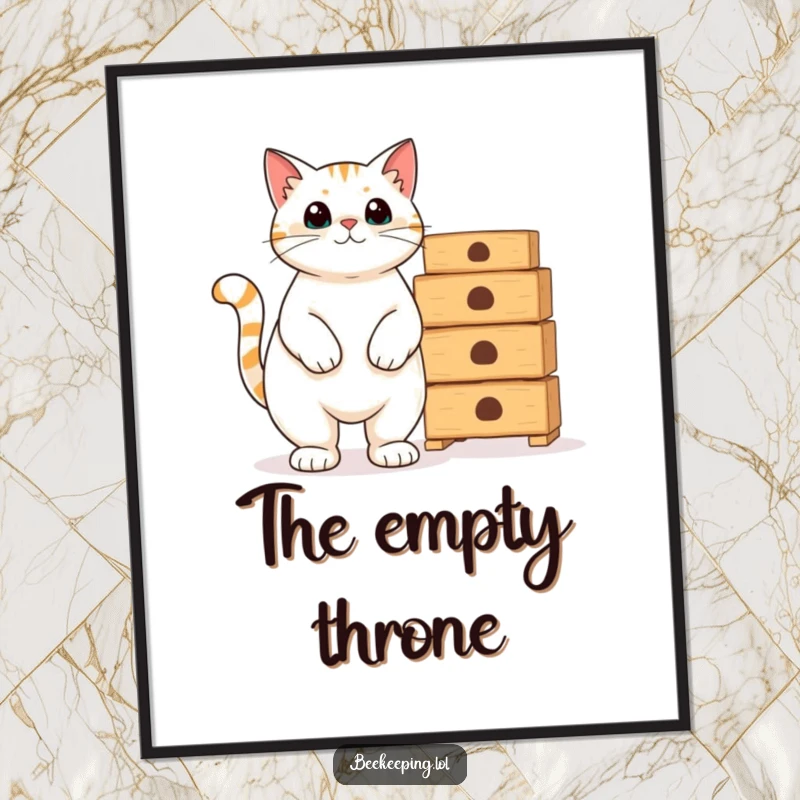 Funny proud cat standing beside empty beekeeping hives, a humorous digital art print for instant download.