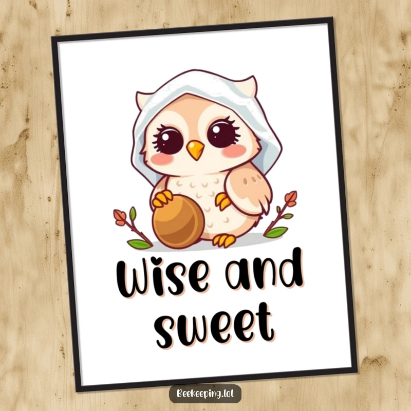 Funny Owl Beekeeper Digital Art Print, instant download, smiling owl wearing veil, tending beehive, whimsical humorous decor art.