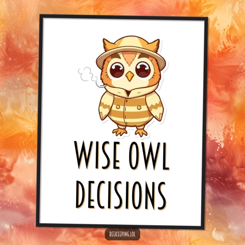 Funny cheerful owl in a beekeeper suit, holding a puff of smoke, a high-quality downloadable and humorous art print.