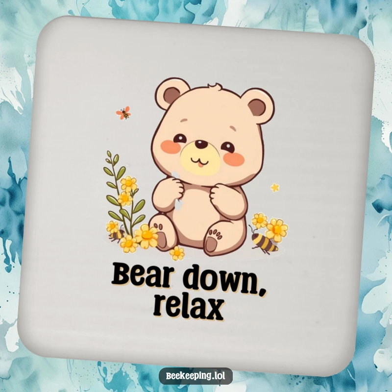 Funny drink coasters with a beaming bear carefully collecting propolis, offering stylish surface protection with a heartwarming humorous touch.