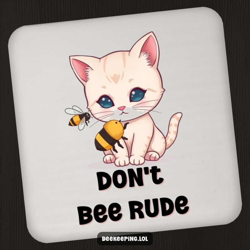 Funny drink coaster featuring a curious cat examining a buzzing bee. A small yet humorous addition to any table setting.