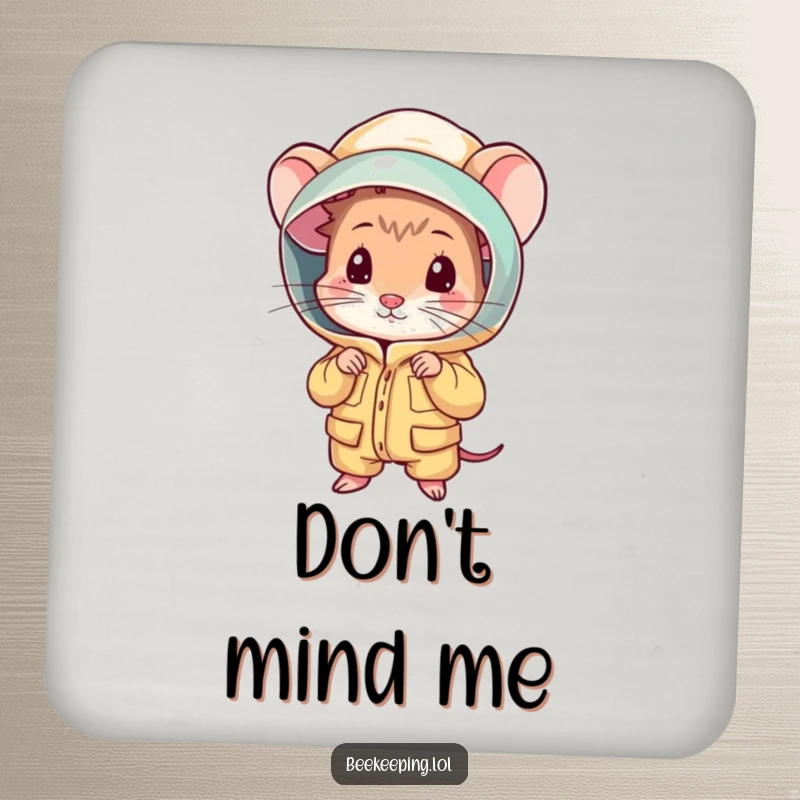 Funny shy mouse peeking from a beekeeping suit on a drink coaster, offering humorous surface protection.