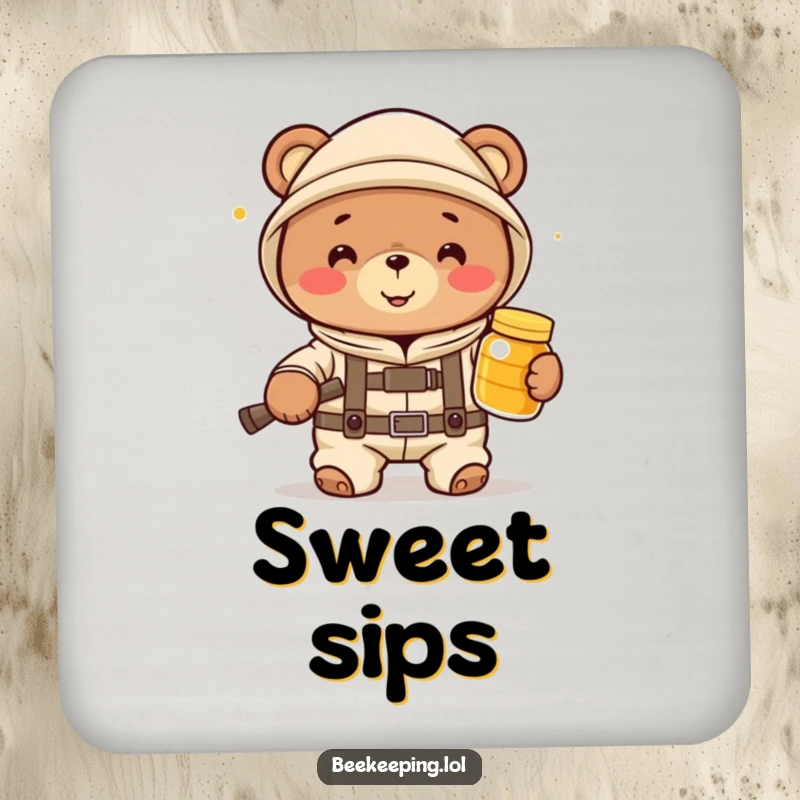 Funny bear beekeeper in a suit with honey, adding humor and protection to surfaces with decorative drink coasters.
