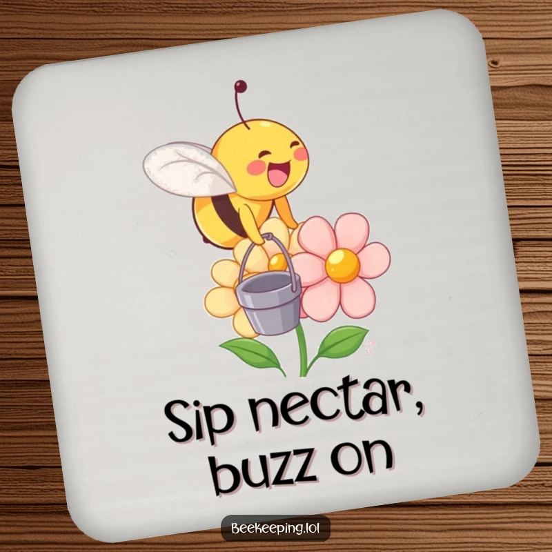 Funny coaster showing a joyful bee with a small bucket landing on a smiling flower.