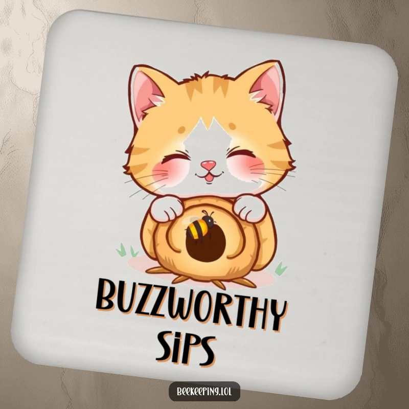 Funny drink coaster: a giggling cat curiously looks into a tiny beehive, adding a humorous and protective touch to tables.