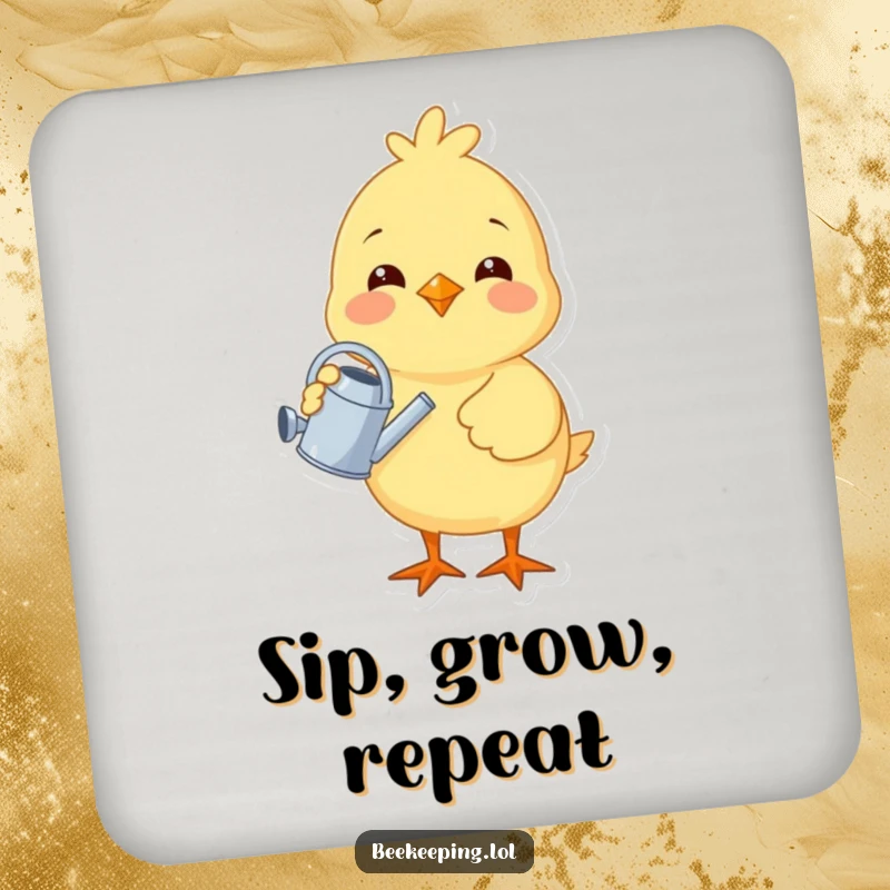 Funny chick holding a tiny watering can, designed on coasters, adding cheerful and protective humor to any table surface.