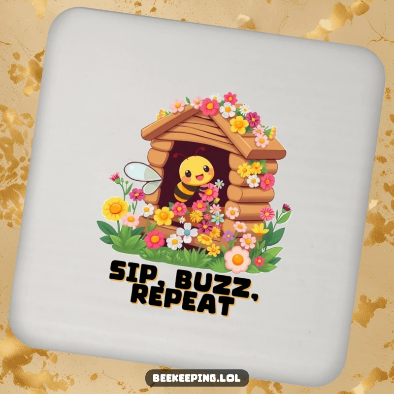 Funny drink coaster with a busy bee tending to a flower hive, protecting surfaces with charm.