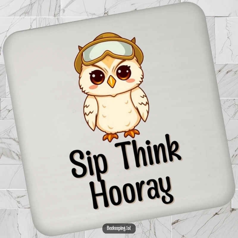 Funny drink coaster with a wise, amused owl in beekeeper gear, offering smart protection.