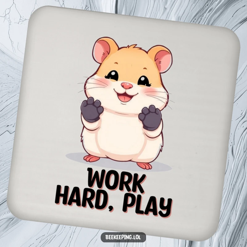 Funny hamster coaster with a smiling hamster wearing tiny work gloves, a humorous surface protector.