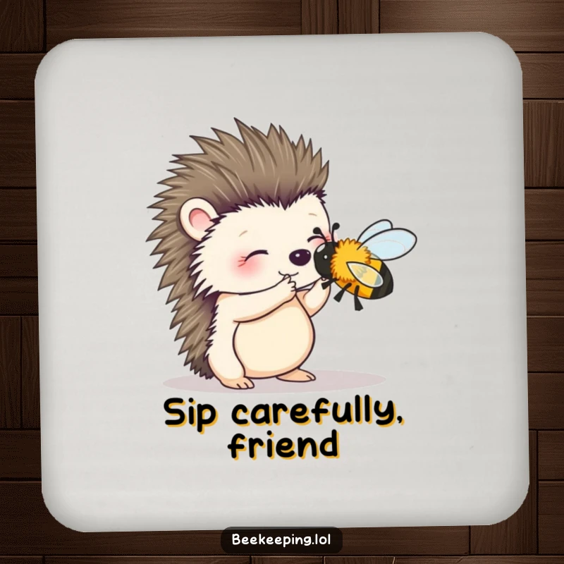 Funny drink coasters featuring a wobbly hedgehog attempting to brush a bee, protecting surfaces with a dose of gentle art.