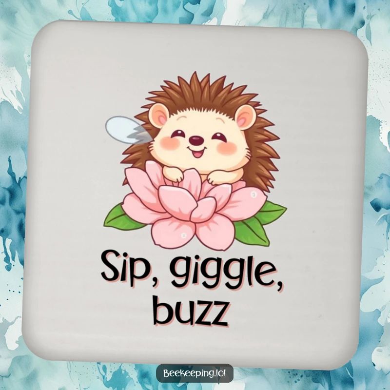 Funny giggling hedgehog buzzing around a flower on a drink coaster, offering humorous surface protection.