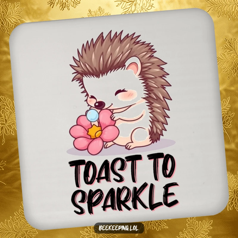 Funny Hedgehog Touching Dewdrop Coaster: A hedgehog gently touches a dewdrop on a flower, a delicate table accessory.