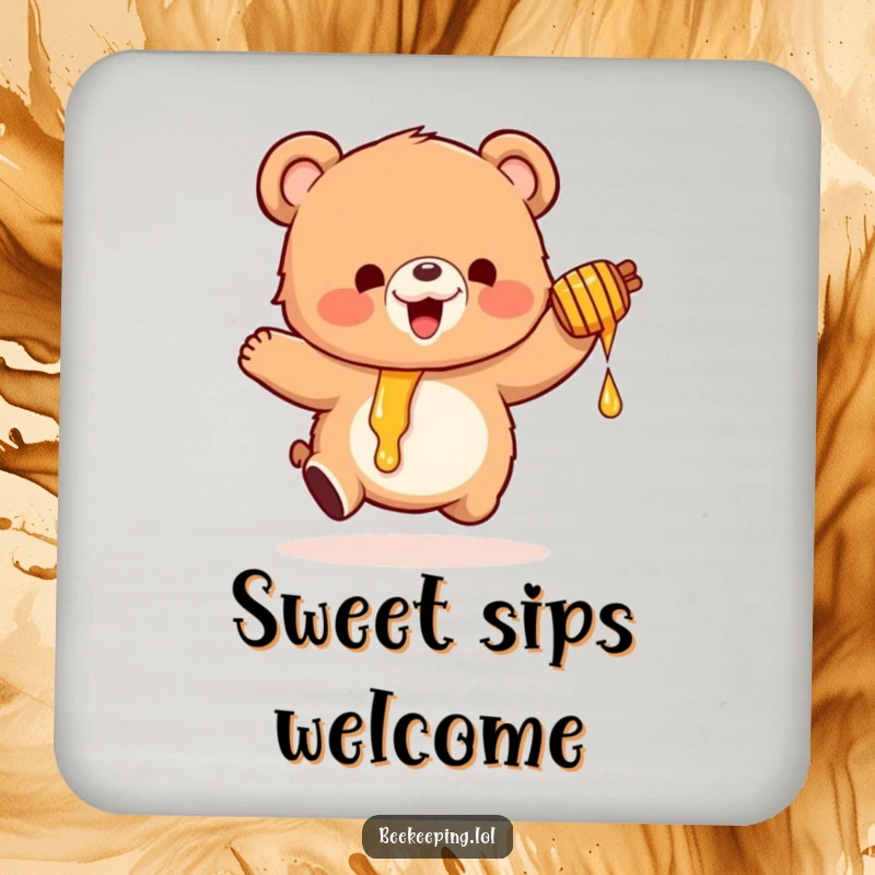 Funny drink coaster with a small, fluffy bear bouncing excitedly, honey pot dripping, protecting surfaces with charm.