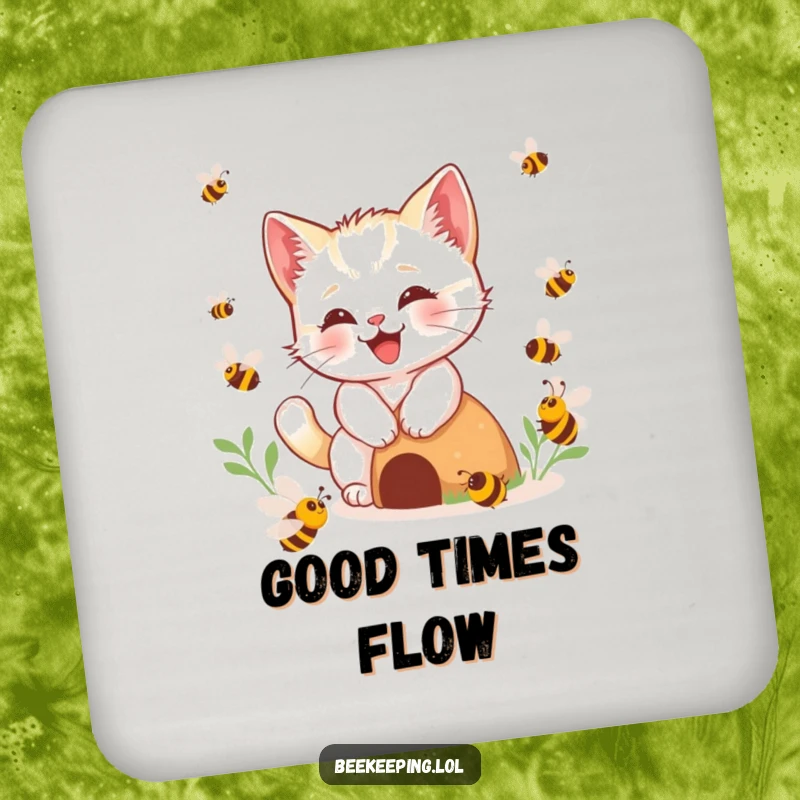 Funny kitten bee coasters, happy kitten buzzing around imaginary bees near a hive, playful and protective, cute funny gift.