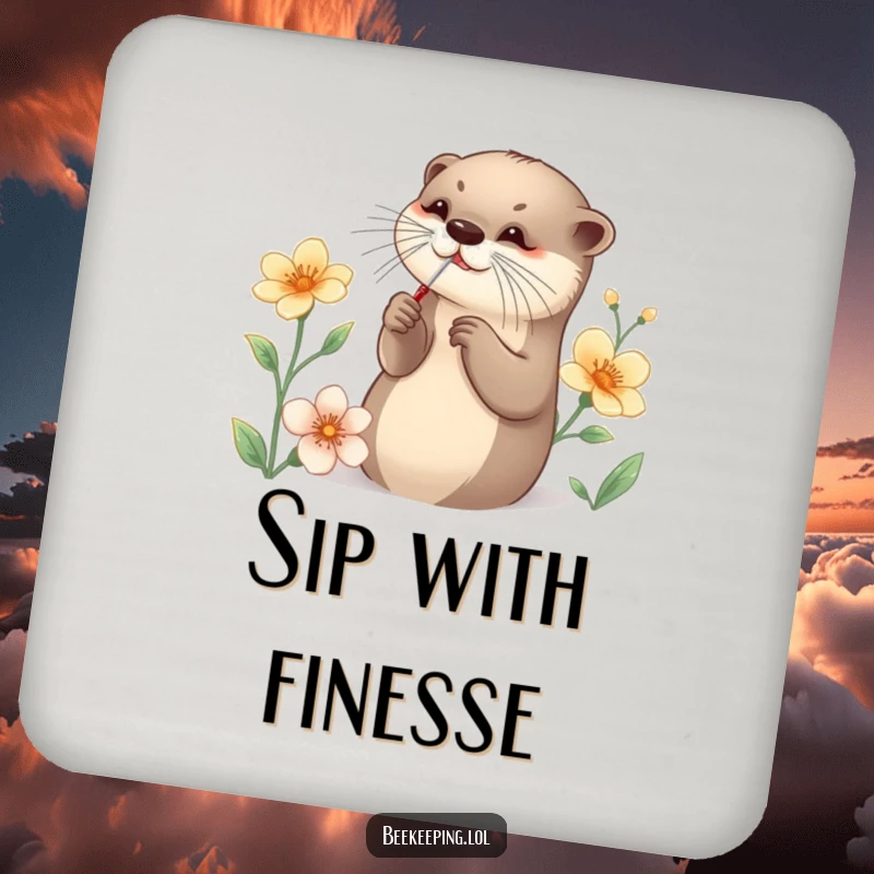 Funny Otter Drink Coaster depicting a graceful otter collecting nectar with a small tool, a humorous and detailed addition to any table.
