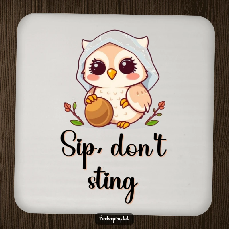 Funny Owl Beekeeper Drink Coasters, set of 4, smiling owls wearing veils, tending beehives, humorous home decor.