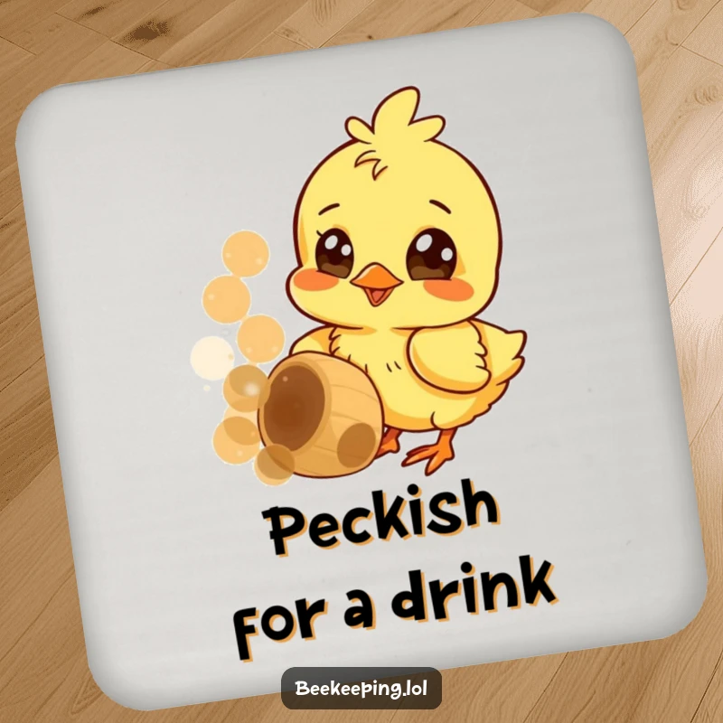 Funny drink coaster with a cheerful chick pecking at a honeycomb, wide curious eyes, protecting surfaces with sweetness.