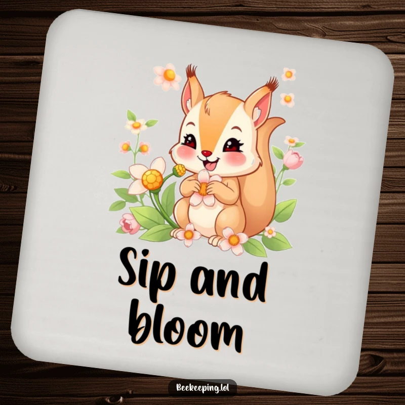 Funny drink coasters with a smiling squirrel collecting nectar from a flower, offering stylish surface protection with a humorous touch.