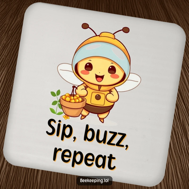 Funny Bee Coasters: Set of coasters with a happy beekeeper bee collecting nectar, protecting surfaces with humor.