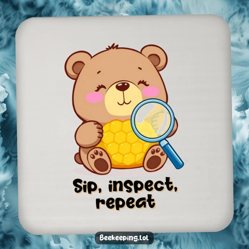 Funny bear with magnifying glass inspecting honeycomb on a drink coaster, protective and decorative, humorous gift.