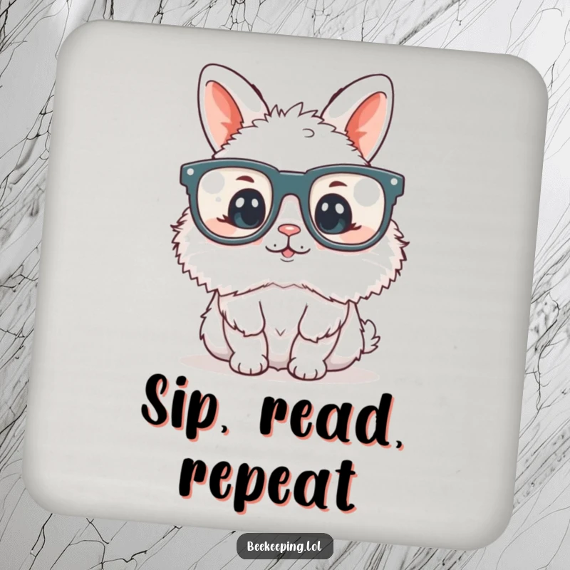 Funny fluffy bunny wearing oversized reading glasses, designed on coasters, adding intellectual and humorous vibes to any table.