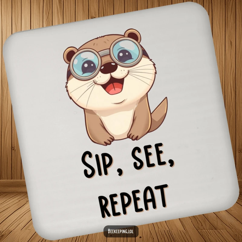 Funny cheerful otter wearing round protective goggles on a drink coaster, offering humorous surface protection.