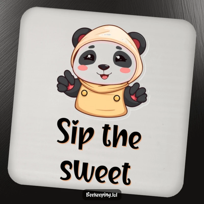 Funny Panda Beekeeper Coaster: A smiling panda in a beekeeper veil, a cute and functional table accessory.