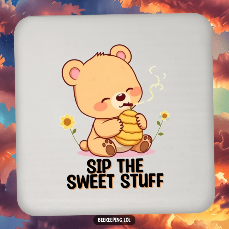 Funny Bear Cub Coasters: Set of coasters featuring a relaxed bear cub gently smoking a small beehive, adding quirky protection.