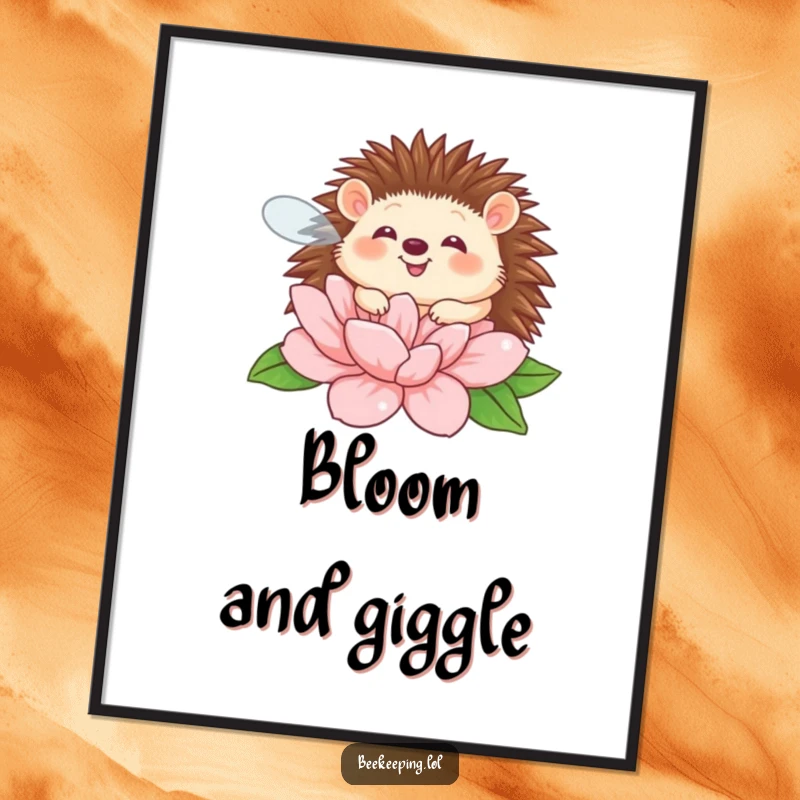 Funny giggling hedgehog buzzing around a large flower, a humorous and charming poster for wall art.