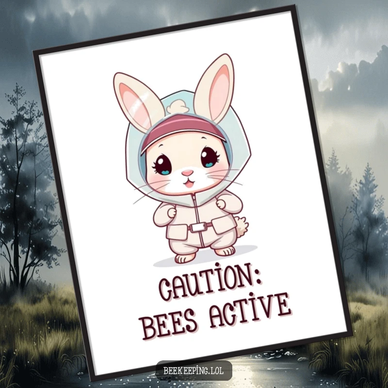 Funny rabbit in a bee veil and protective suit poster, cute and dedicated, humorous wall art, perfect gift.