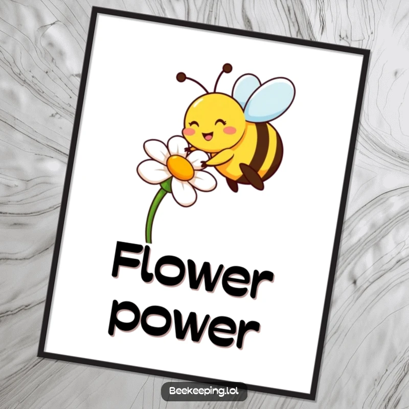 Funny bee poster showing a cheerful pollinator on a flower, bringing joy with this funny gift.