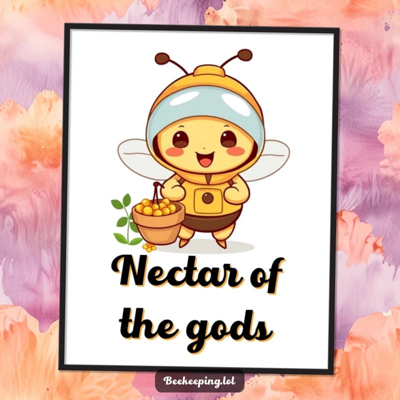 Funny Bee Poster: A happy beekeeper bee collecting nectar, presented as vibrant, cheerful wall art.